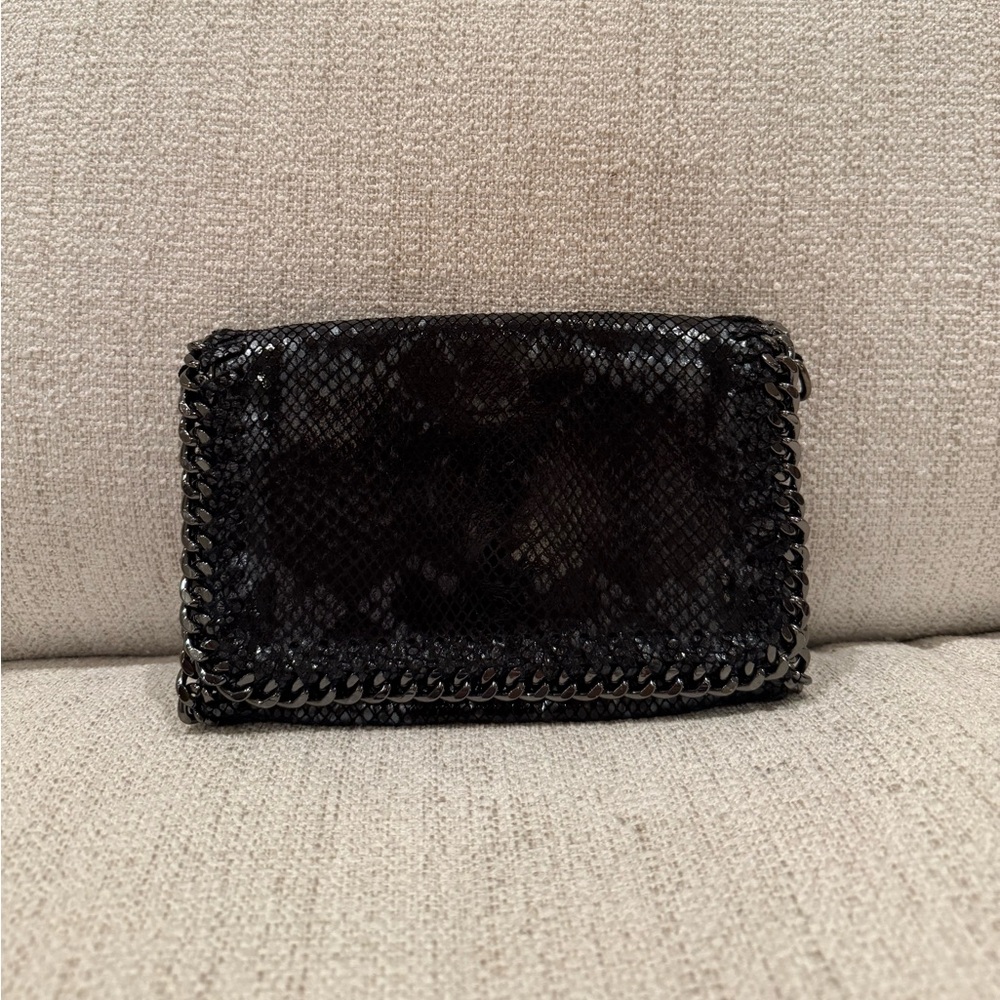 Black Snakeskin Authentic Leather Chain-Trimmed Clutch and Cross Body Bag